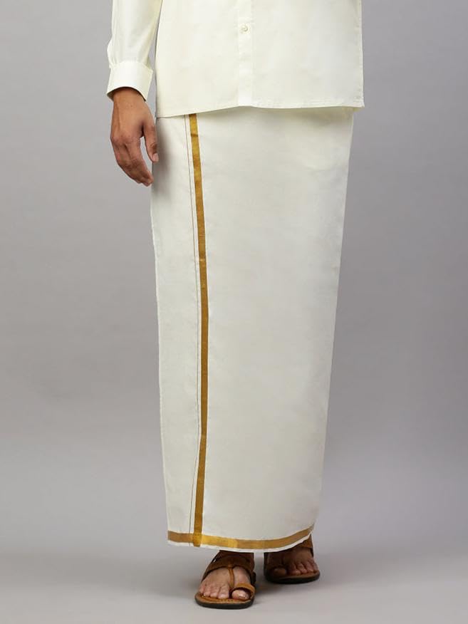 Image of RAMRAJ COTTON Men Cotton Single layer Dhoti With Gold Jari Border (Pack of 2)