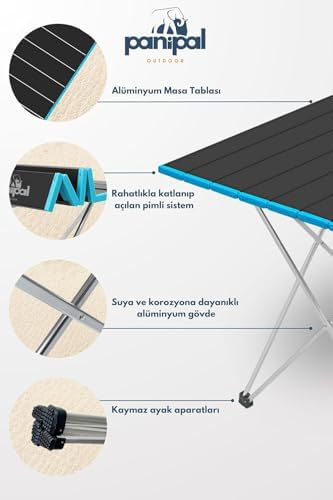 Outdoor Katlanabilir Alüminyum Kamp ve Piknik Masası, 56x41x45 cm, 1370 gr, 18 kg Taşıma Kapasitesi, Omuz Askılı Çanta ile (Siyah-Mavi) - Görsel 3