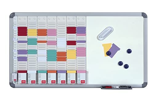 Nobo - Kit Planning Hebdomadaire Mural à Fiches T avec Tableau Blanc Magnétique, Surface en Acier, 7 Colonnes & 24 Fentes, Indice 2, Fiches T / Index /...