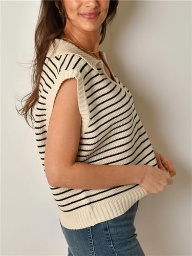 Image of Women's Casual Sleeveless Striped Pullover Sweaters V Neck Lapel Sweater Vests 2025 Fall Clothes