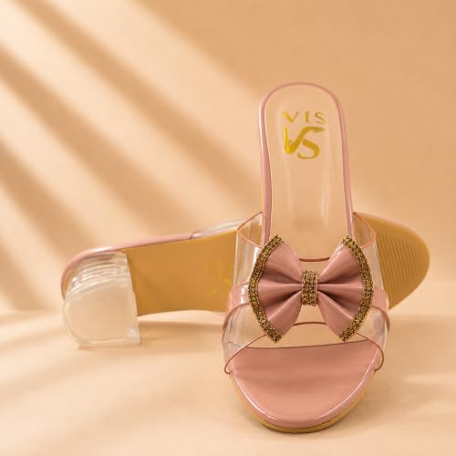 Image of Women's Transparent Block Heel Sandals with Rhinestone Bow, Clear Strap Slip-On Party Heels for Women