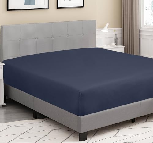 Image of ROYALE LINENS 300 Thread Count 100% Long Staple Combed Cotton Fitted Sheet California King - Super Soft Deep Pocket Bottom Sheet - Fitted Sheets Only - Elastic Sheets (Cal King, Navy)