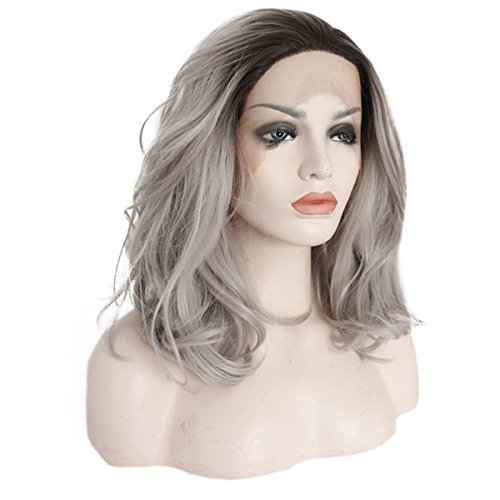 Ebingoo Free Part Natural Wave Bob Gray Ombre Dark Roots Synthetic Lace Fornt Wig