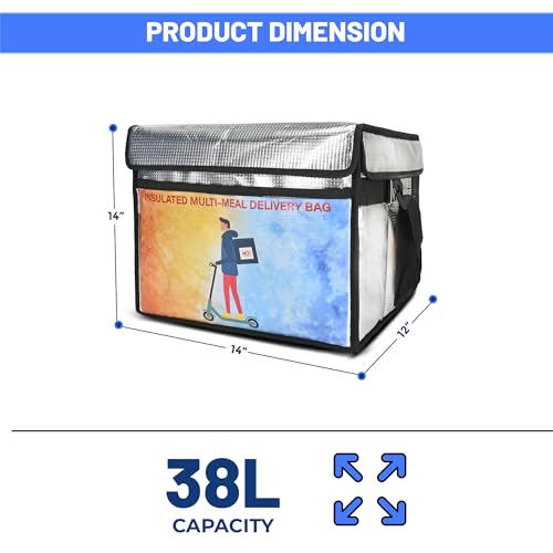 Image of Insulated Food Delivery Bag - 38L Thermal, Waterproof Carrier for Hot Meals | Durable Silver Bag for Food Delivery, Juices & Beverages (14x14x12 inch)