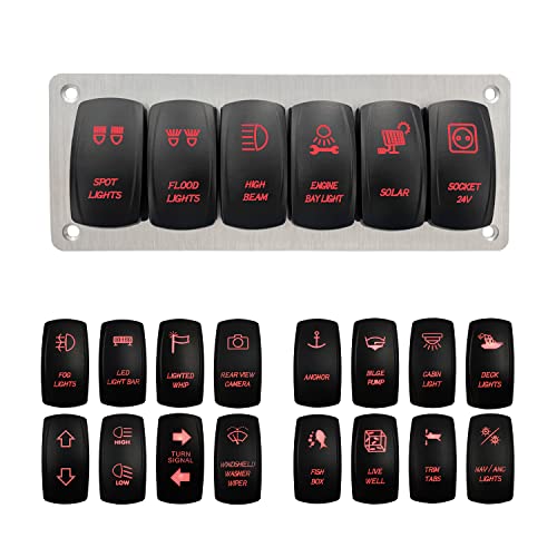 Image of Customize 6 Gang Marine Switch Panel with Pre-Wired Jumper Wires Red Led Toggle Switch Panel for Car Boat Bus Yacht Jeep JK UTV ATV SXS 12V /20A 24V /10A IP66