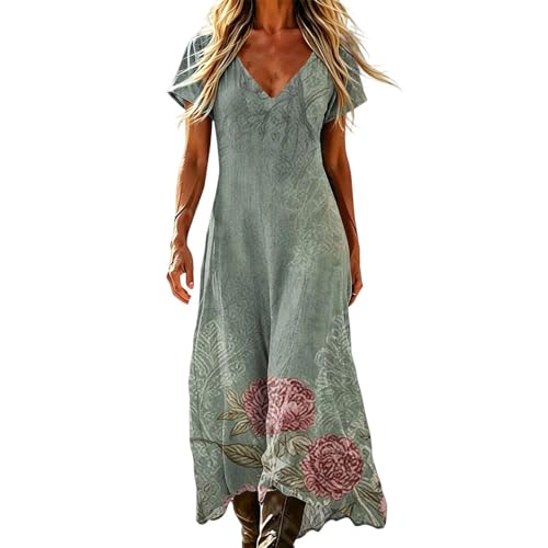 Mfhmom Bohemian Sommer Kleid Damen Lang Maxikleid Musselin Leinenkleid Elegant Strand Vintage V Ausschnitt Kurzärmelig Boho Style Outfit Langes Strandkleid Alltag Leichtes Frauen Kleider