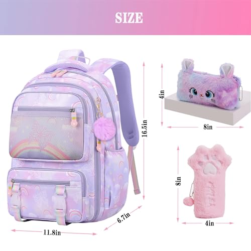 3pcs Girls Backpack,Cute Rainbow School Backpack For Kids Children With Pencil Case (Purple)2