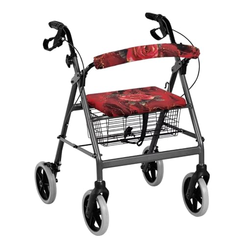 Luarisgur Seat Cover for Walkers for Seniors Red Rose Walker Seat Covers for Ladies Floral Rollator Walker Accessories for Seniors Adjustable Fabric Rollator Walker Seat and Backrest Covers
