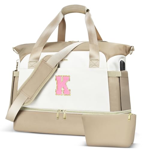 Initials Travel Bag for Women, Overnight Gym Carry On Tote with Shoes Compartment, Travel Duffel Bag with USB Charging Port, Weekender Overnight Bag for Women, Travel, Gym, Hospital Beige - A
