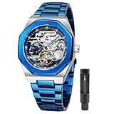 FORSINING Orologio vintage da uomo, con incisione, automatico, a carica automatica, con grande quadrante luminoso con fasi lunari dorate, motivo tatuaggio cavo, meccanico, orologio da polso, Blu 2