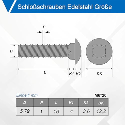 ORTAVA 20 Stück Schlossschrauben M6 x 20, Torbandschrauben M6, Schlossschrauben Edelstahl A2 V2A, mit Muttern und Unterlegscheiben
