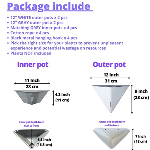 Lalagreen Wall Planters - 4 Pack, 12 Inch Large Self Watering White And Gray Mixed Color Geometric Indoor Vertical Garden Plant Wall Hanging Flower Vase Vessel With Black Metal Hanger Modern Stylish #TOP1