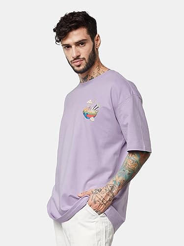 Image of The Souled Store TSS Originals: Relaksa Mens and Boys Half Sleeves Cotton Lavender Color Men Oversized T-Shirts