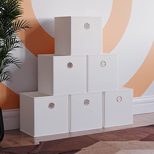 Vida Designs Durham Foldable Storage Cube Baskets Fabric Box With Metal Easy Access Handle Home Organiser (6 Pack, White)