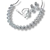 Oval Opulence American Diamond Necklace Set for Women Indian Bridal Jewellery Set with Earrings & Tikka Crystal Statement Necklace Silver Jewellery Gift for Weddings & Bridesmaids (Full Silver)