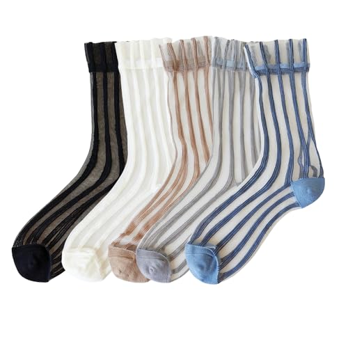 Image of Yomutuir Sheer Socks for Women, Summer Mesh Stripe Patterned Transparent Thin Lace Elastic Crystal Glass Socks