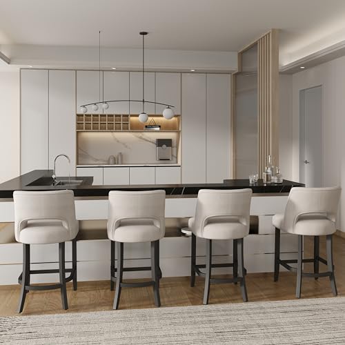 Image of VKNOW Bar Stools Set of 2, 26 inch Upholstered Counter Height Bar Stools | Modern Counter Stools with Black Rubberwood Legs for Kitchen Island Dining Room Bar, Beige-Black Legs