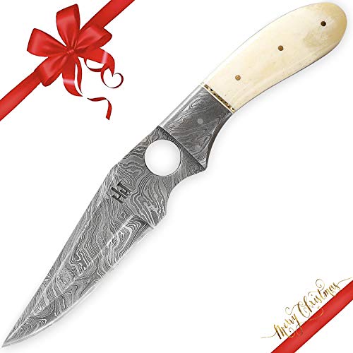 Hobby Hut HH-702, Cuchillo de Caza de Damasco de Hoja Fija de 11 Pulgadas - Espiga Completa - Mango de Hueso de Camello - Funda de Cuero - Diseñada para la Caza y el Campamento