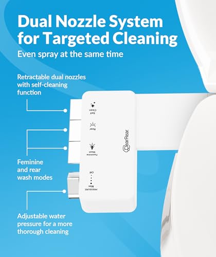 Image of CLEAR REAR Bidet Attachment for Toilet Seat - Non-Electric with Self Cleaning Dual Nozzles, Leak Proof Connectors, Adjustable Water Spray, Rear & Feminine Wash - Hygienic Bathroom Upgrades