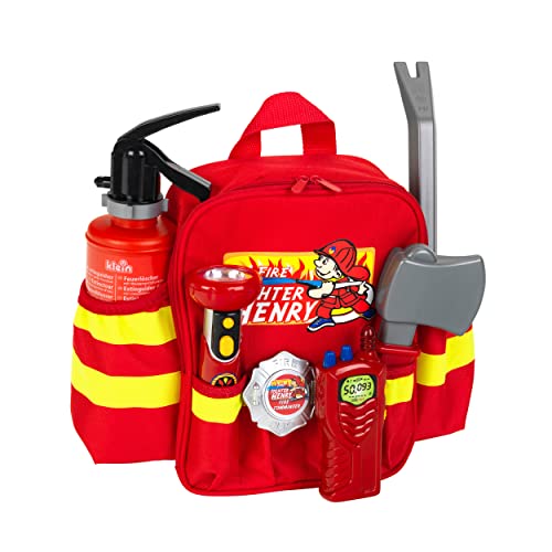 Theo Klein 8900 Fire Fighter Henry Feuerwehr-Rucksack I Mit batteriebetriebener Taschenlampe, Feuerlöscher und vielem mehr I Robuster Rucksack mit Reflektor und verstellbaren Riemen, Rot