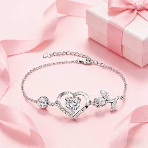Image of 1CT Rose Heart Bracelet Moissanite Lab-Grown Sapphire Ruby Emerald&More 18K White Rose Gold Plated Anniversary Birthday Gift for Wife Girlfriend Mom Daughter Mothers Day Gift for Mom