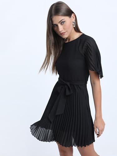 Image of Tokyo Talkies Women's Elegant A-Line Dress with Belt & Pleated Dress- Sophisticated Full-Sleeve Style for Any Occasion
