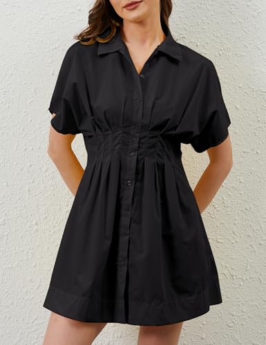 Women Button Down Pleated Shirt Dress Summer Short Sleeve Blouse Striped Print Corset Mini Dresses2