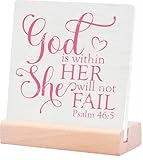 God Is Within Her She Will Not Fall Bible Verse Sign Rustic Motivational Bible Verse Psalm 465 Coquette Pink Bow Decor For Home Office Church Bedroom Table Shelf Religious Gifts 4X4Inch