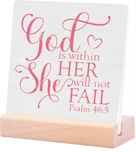 God Is Within Her She Will Not Fall Bible Verse Sign Rustic Motivational Bible Verse Psalm 465 Coquette Pink Bow Decor For Home Office Church Bedroom Table Shelf Religious Gifts 4X4Inch
