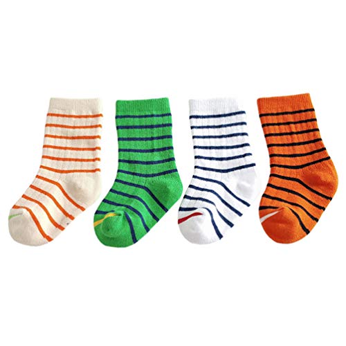 ANGUYA Lot de 4 Paires Chaussettes Bébé Souple Coton Doux Fille Garçon Motif Point d'onde Rayures (La rayure, S) Cover