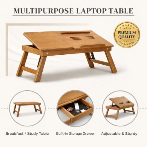 Image of Wooden Laptop Table Standard Adjustable Study Table with Laptop, Portable Lap Desk, Multifunctional Bed Table with Drawer and Folding Legs (Natural New)