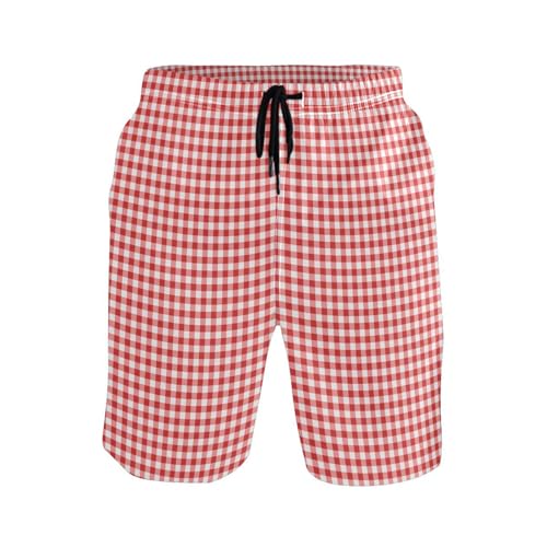 CHIFIGNO Classic Checkered Red White Men's Swimming Trunks, Surf Trunks Men, Large Quick Dry Mens Swim Trunks