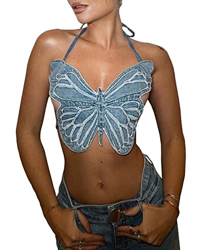 HAHAEMMA Women's Sexy Butterfly Rave Denim Crop Top Halterneck Backless Bralette Tank Tops Low-Cut Vest, blue, One size fits all