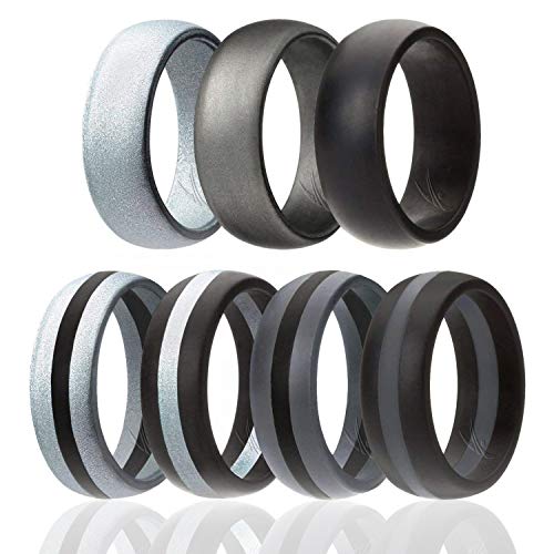ROQ Silicone Wedding Ring for Men, 7 Pack Silicone Rubber Band - Black, Beveled Metallic Platinum, Silver, Grey - Size 10
