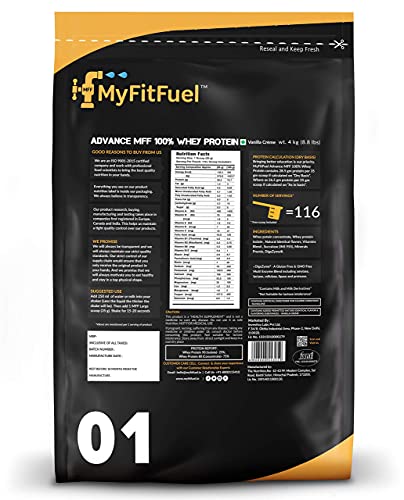 Image of MyFitFuel Advance MFF 100% Whey Protein Powder, Whey With Digestive Enzymes and Multi Vitamins | 4 Kg, 112 Servings (Vanilla Creme)