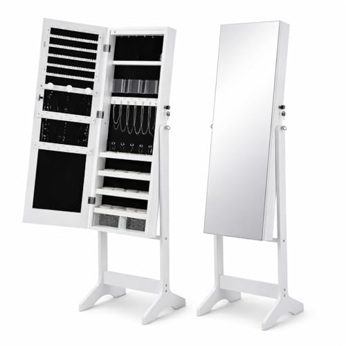 Espejo Joyero de Pie con Cerradura | Espejo de Cuerpo Entero con Armario Organizador | Soporte para Joyas Collares y Anillos | con Cajones y Baldas | 155x41x37cm