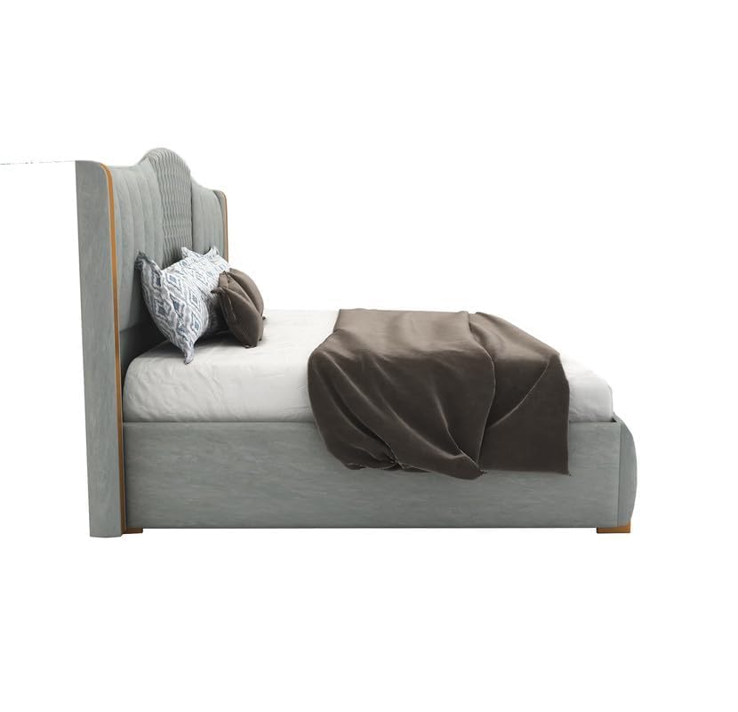Image of STRATA FURNITURE Solid Wood King Size Bed with Box Storage & Upholstered Headboard | Wooden Double Bed Cot Palang for Bedroom, Home, Hotel & Guest Room Furniture (Grey)