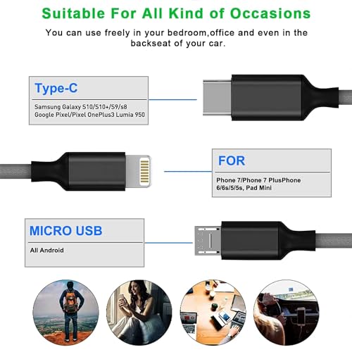 Image of The Black Store Original 3 in 1 Retractable USB Charging Cable 3.0A Multi USB Cable for iPhone, Android Type C and Micro USB Mobile Phone High Speed Charging USB Cord (Pink)