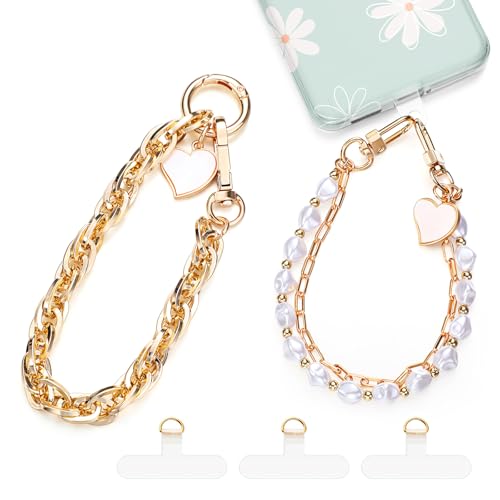 Landical 2 Pcs Beaded Phone Wrist Strap Bracelet Strap Cell Phone Charms with 3 Tether Tabs Chain Wristlet for Women Men Wallet Keychain Camera(Pearl Double Chain A) - image 1