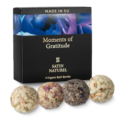 Satin Naturel Cofre 4 Bombas de Baño BIO Lujosas Veganas – Regalo Bienestar para Mujer – Bolas de Baño Premium – Idea de Regalo de Cumpleaños para Ella – Cosmética Natural