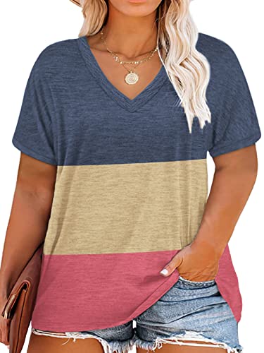 Image of DOLNINE Plus-Size Tops for Women Casual Short Sleeve Color Block T-Shirts | Basic Going Out Tees, Summer Trendy Loose Fit Tunics