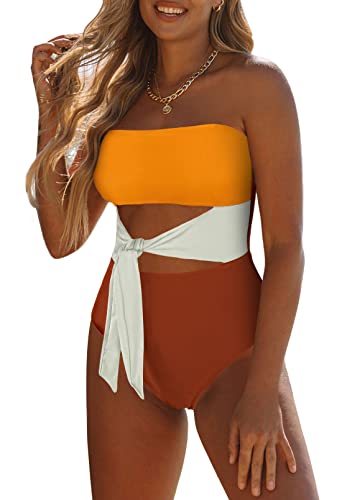 Image of Viottiset Women's Bandeau One Piece Swimsuit Strapless Tie High Cut Out Bathing Suit
