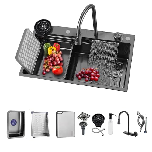 Évier à poser, avec bac simple et robinet extensible, multifonction en acier inoxydable, avec chasse à verres, design cascade, noir, 90 cm