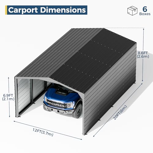 Image of Military-Grade Metal Carport 12x20 FT, Heavy Duty Garage 2-Sided Enclosure | 2x2 inch Steel Poles with Powder Coating, 17-Gauge Walls,100 PSF Snow Load Roof, Hurricane Resistant, Pickup, Truck, Black