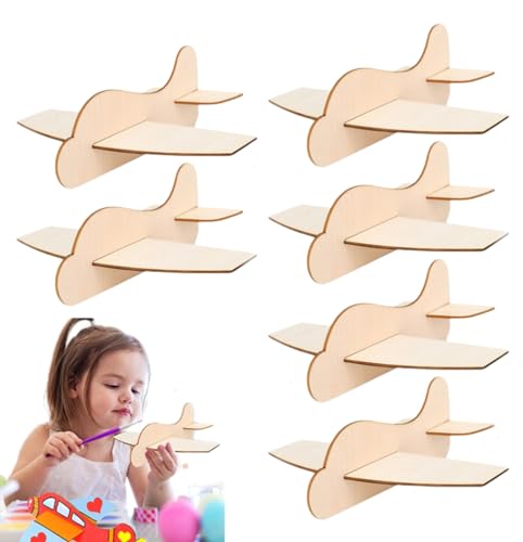 MSPEBEC Kit de artesanía de juguete de avión de madera de 6 piezas, manualidades de madera para niños, figuras de madera para pintar, planeador de avión de madera.