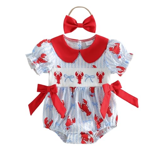 CREAIRY Newborn Baby Girl Outfits Crawfish Smocked Short Sleeve Romper Lobster Bow Bodysuit Shirt Summer Clothes (Red 3-6 Months)