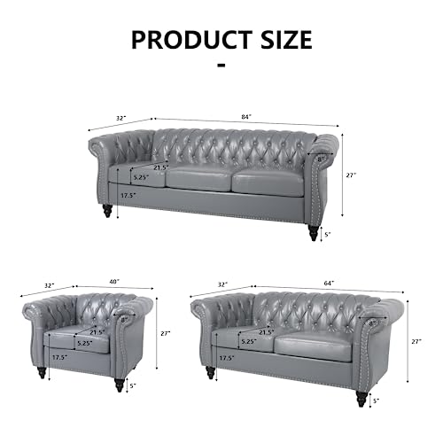 Image of QHITTY Accent Large Sofa, Chesterfield Couch 3 Seater Modern Leather Couch Upholstered Sofa with Tufted Back for Living Room Furniture (Grey)