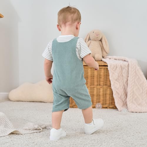 JiuBreeze Baby Boys Bodysuit Summer Clothes Set 2-pcs Striped Romper & Overalls Shorts Set Jumpsuit 0-12 Months (Green, 0-3M) — view 4
