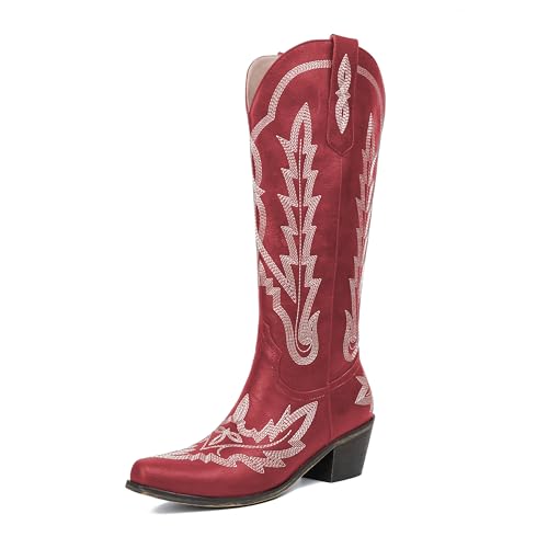 Image of olomisa Over the Knee Cowboy Boots for Women Embroidery Cowgirl Boots Chunky Heel Side Zipper Boots Thigh High Western Boots
