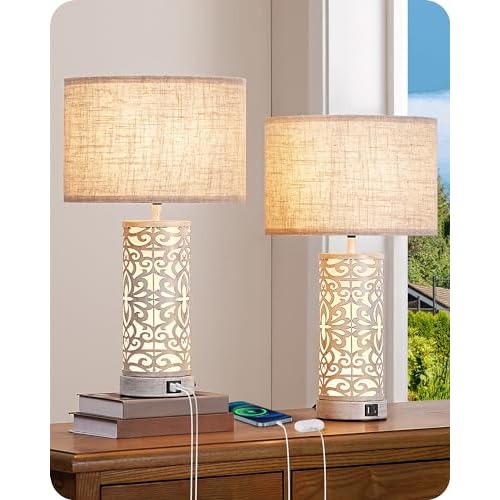 EDISHINE 25.6" Tall Table Lamp with Night Light, Farmhouse Bedside Lamp Set of 2 with USB Charging Ports, Touch 3-Way Dimmable Nightstand Lamp for Living Room, Bedroom, Home Decor Minimalist